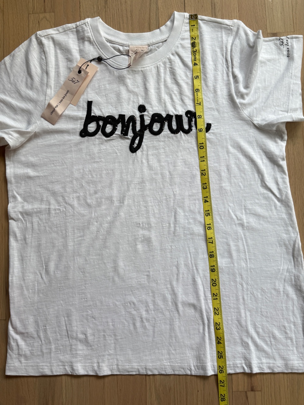 cinq a sept 5 a 7  “bonjour” French shrunken White Tee with Black sequins Script - Picture 11 of 11